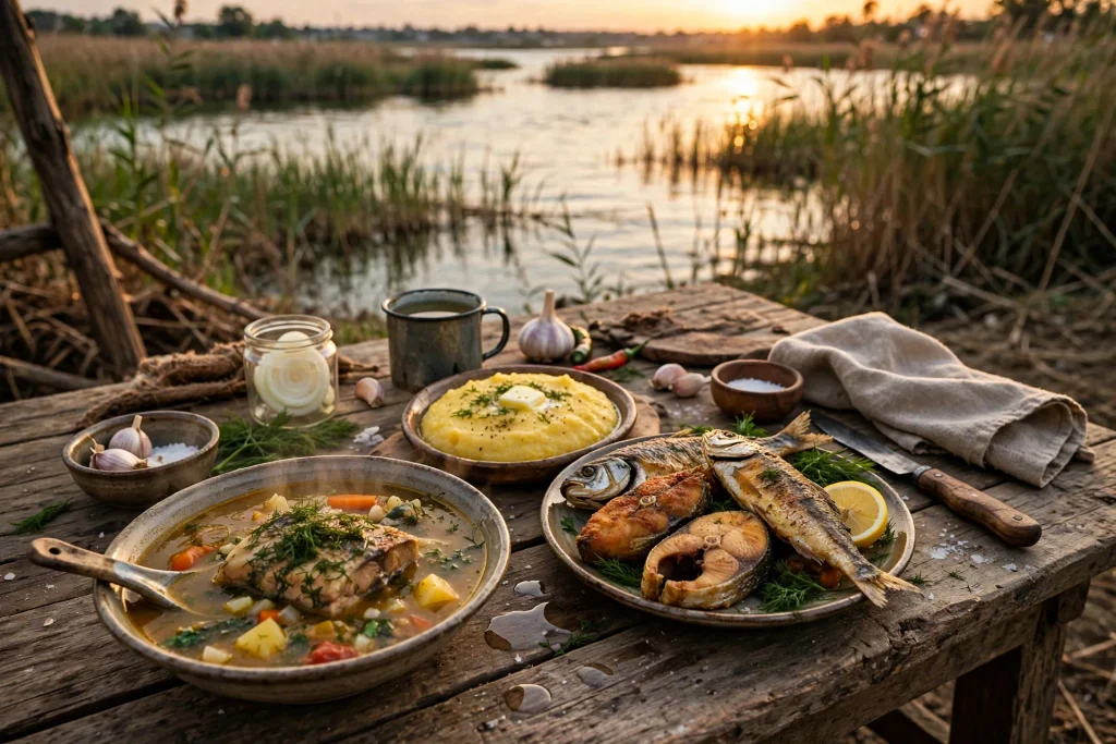 Gastronomie lipoveneasca traditionala cu bors de peste, peste prajit si mamaliga, pe masa de lemn cu balta din Delta Dunarii in fundal la apus