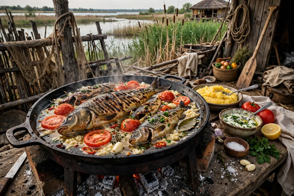 Saramură de pește lipovenească pe plită cu roșii coapte, mămăligă și mujdei, pe malul bălții